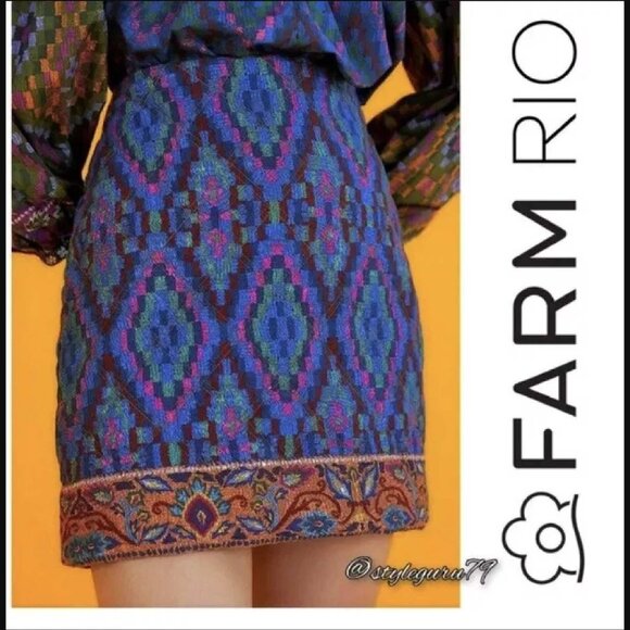 Farm Rio, blue tapestry scarf, mini pencil skirt size small S new with tags